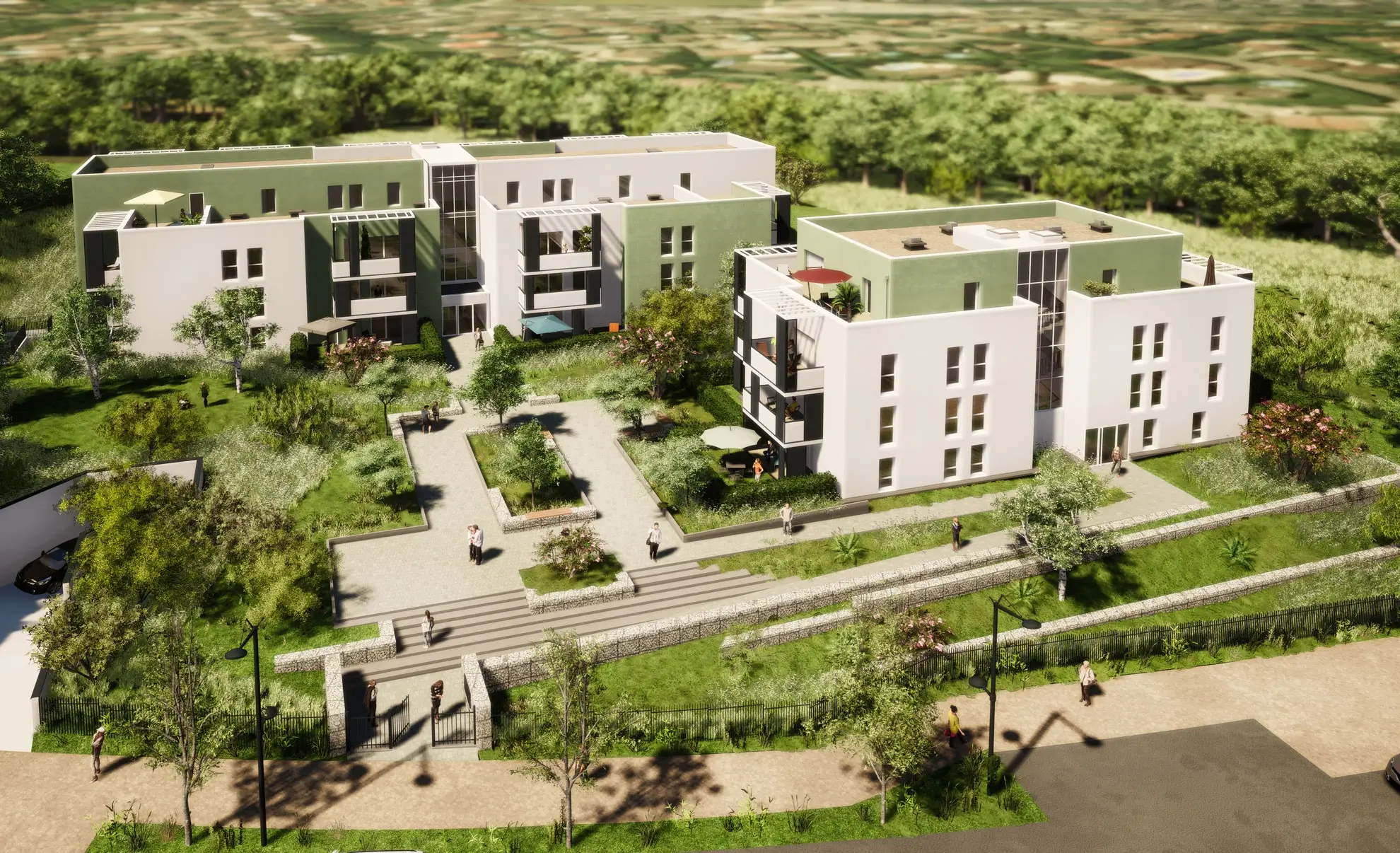 Perspective aérienne du Jardin des 3 vallons