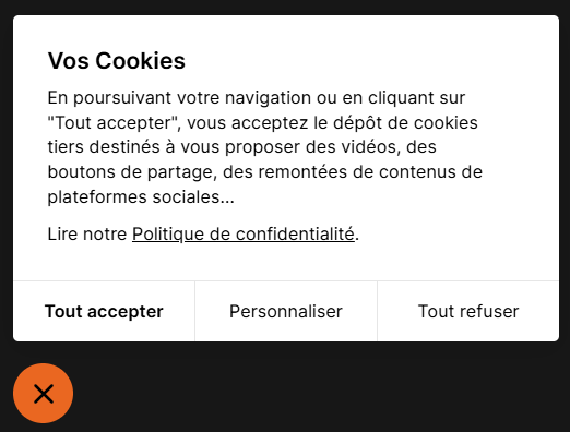 Encart de paramétrage des cookies du site Agrega architectes
